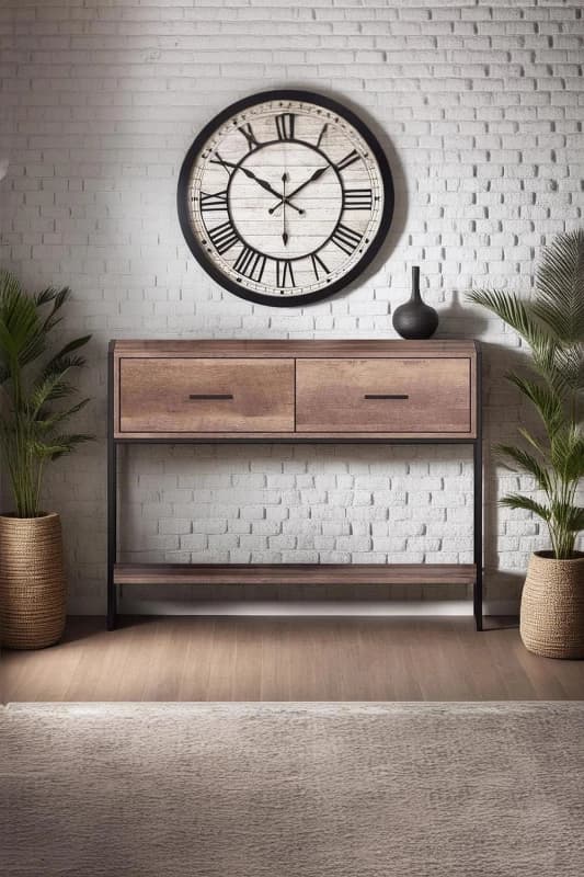 FWStyle FWStyle 2 Drawer Cracked Oak Effect Hallway Console Table in Brown Brown One Size Unisex 5056413124029