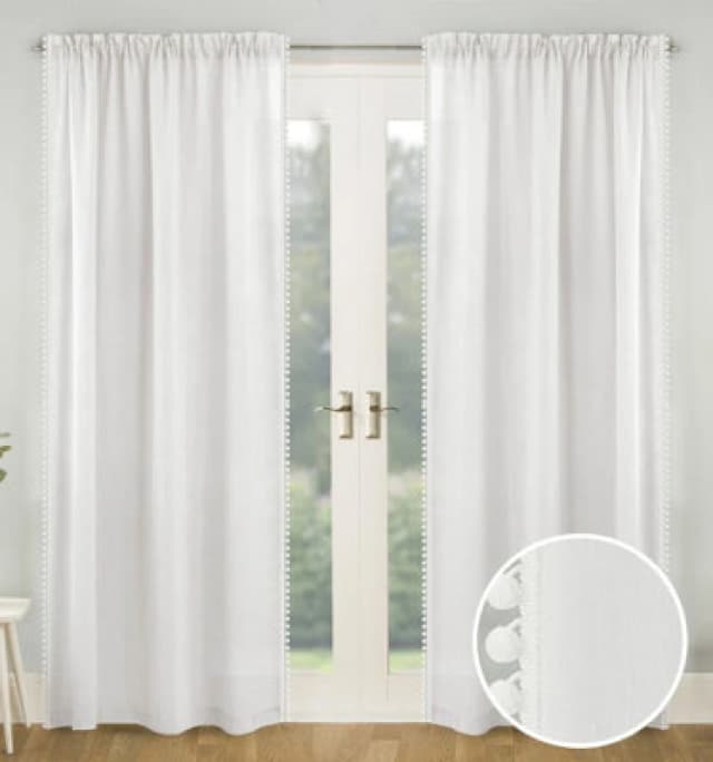 Tyrone Textiles Tahiti Pom-Pom Trim Linen-Look Voile Panel - Pair White