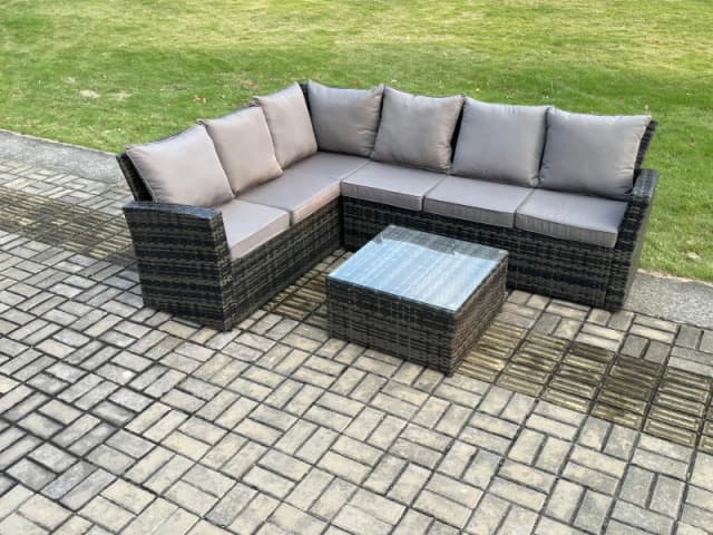Fimous 6 Seater Outdoor Furniture Garden Dining Set Rattan Corner Sofa Set with Square Coffee Table Dark Grey Mixed Dark Grey