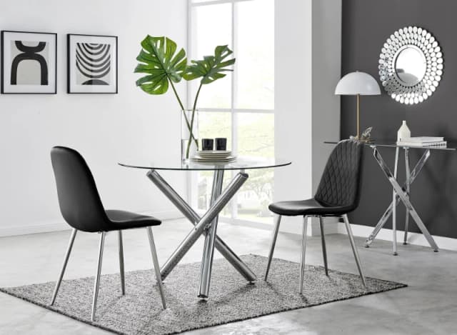 FurnitureboxUK FurnitureboxUK Selina Round Glass Chrome Leg Dining Table and Corona Silver Leg Chairs in Black Size: 2 Person Black 2 Person Unisex