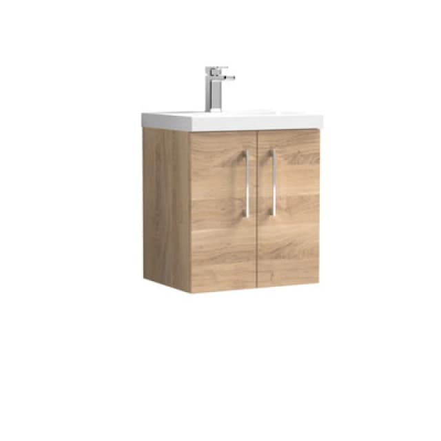 Balterley Contemporary Bathroom Wall Hung 2 Soft-Close Door Vanity Unit & Mid-Edge Ceramic Basin, Bleached Oak, 500 mm in Brown Brown Unisex
