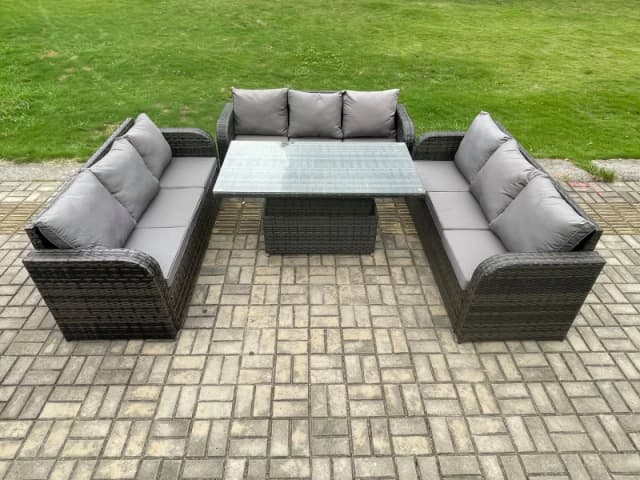 Fimous Patio Garden Dining Set Outdoor Rattan Furniture Lounge Sofa Height Adjustable Rising lifting Table Dark Grey