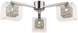 Spring 3 Light Flush Multi Arm Mesh Ceiling Light Chrome, Clear and Glass, G9