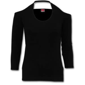 Gothic Rock Scoop Halter-Neck Womens Large Long Sleeve Top - Black