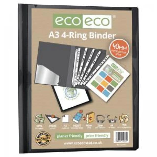 Eco Eco A3 25mm 95% Recycled Presentation 4 Ring Portrait Binder Black eco087-S