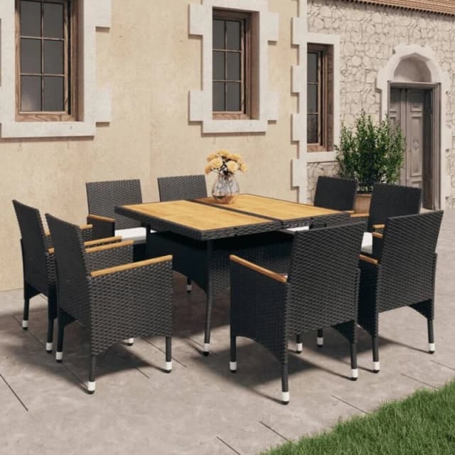 VIDAXL 9 Piece Garden Dining Set Poly Rattan and Solid Wood Black Vidaxl 8720286852286