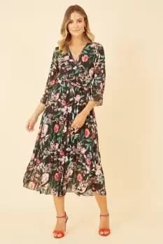 Black Floral Print Midi Wrap Dress With Pleated Skirt