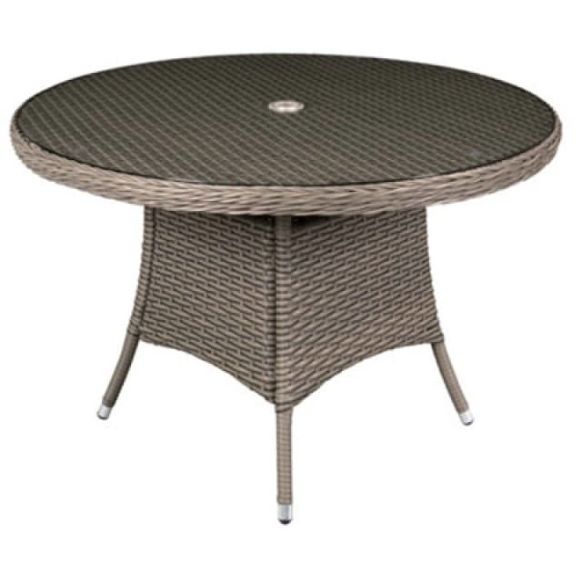 Dellonda Chester Round Rattan Garden Dining Table, Glass Top, 110Cm, Brown