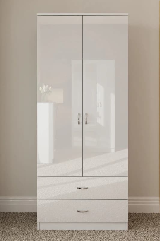 FWStyle FWStyle High Gloss 2 Door 2 Drawer Combination Double Wardrobe in White White One Size Male 5056413121141