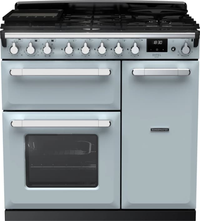 Rangemaster Estel Deluxe ESDL90DFPMSB/CM1 90cm wide Dual Fuel Range Cooker with Gas Hob - Misty Blue / Chrome - A/A Rated