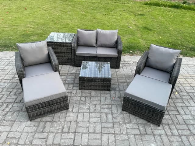 Fimous Rattan Garden Furniture Set Patio Conservatory Indoor Outdoor 6 Seater Set with Love Sofa Square Coffee Table Dark Grey