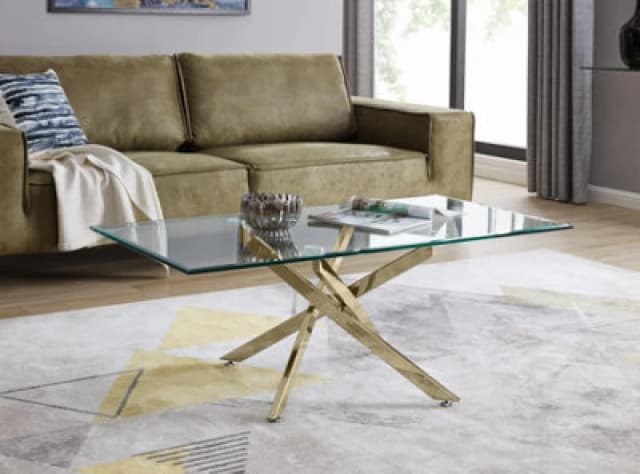 FurnitureboxUK FurnitureboxUK Leonardo Rectangular Glass Coffee Table with Metal Angled Starburst Legs for Modern Living Rooms in Gold Gold One Size U