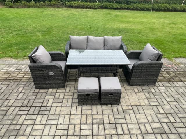 Fimous Rattan Garden Furniture 6 Piece Grey Patio Furniture Set Patio Conservatory 7 Seater Set Outdoor Rectangular Table & Chairs in Dark Grey Dark G