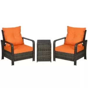 Outsunny 3 pcs PE Rattan Wicker Garden Furniture Patio Bistro Set Weave Conservatory Sofa Storage Table and Chairs Set Orange Cushion, Mixed Grey