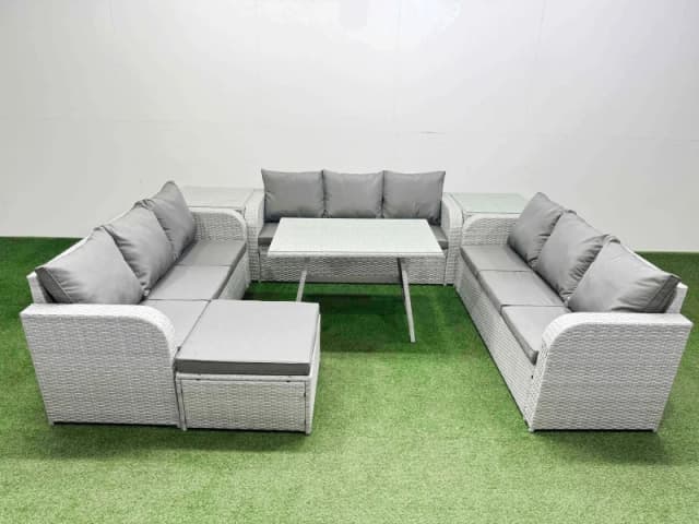 Fimous 10 Seat PE Rattan Garden Furniture with 2 Side Tables Big Stool in Light Grey Light Grey Unisex