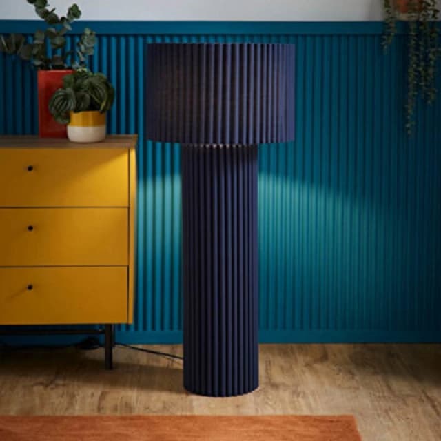 ValueLights ValueLights Lenny Drum Lamp Shade Colour Drench Ribbed Full Fabric Midi Floor Lamp in Navy Navy One Size Unisex 5016529272281