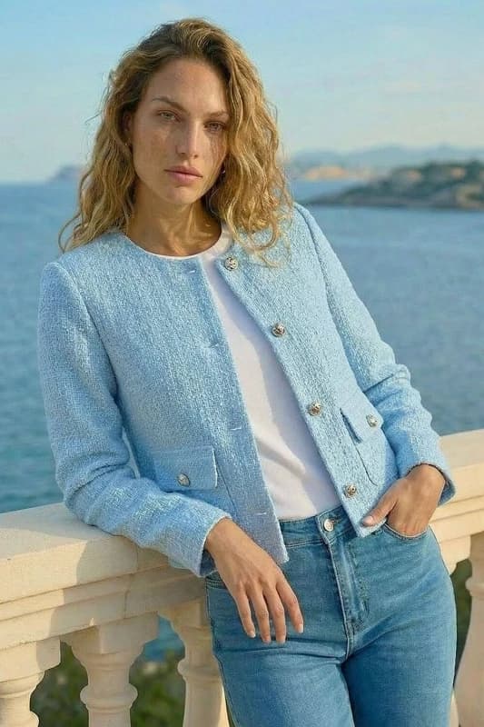 Roman Womens Collarless Buttoned Boucle Jacket in Light Blue Size: 16 Light Blue Female 16