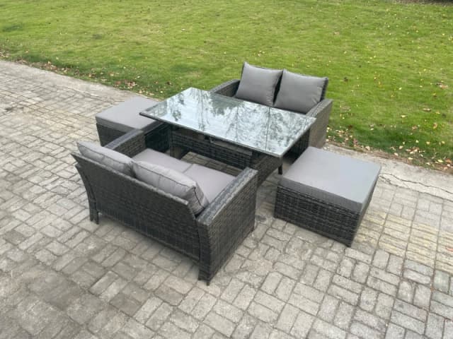 Fimous 6 Seater PE Wicker Rattan Garden Furniture Set Love Sofa Outdoor Rectangular Dining Table 2 Big Footstool Dark Grey Mixed Dark Grey Unisex