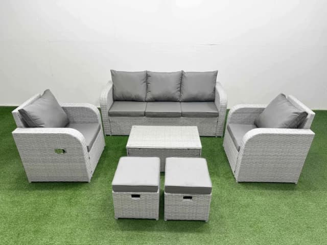 Fimous PE Rattan Garden Furniture Set Reclining Chair Sofa Lounge Sofa Set Oblong Coffee Table 2 Small Stools Light Grey Light Grey
