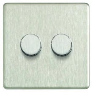 Wickes Dimmer Switch 2 Gang 2 Way 400W Brushed Steel Screwless Flat Plate