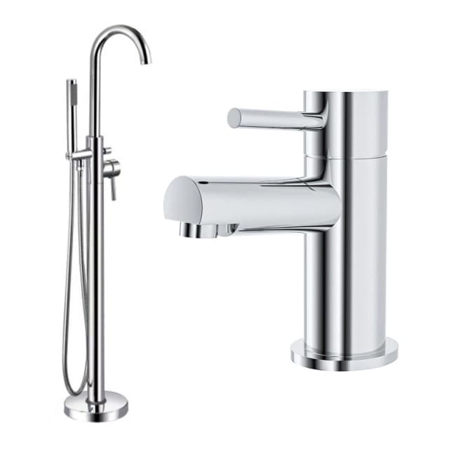 Nes Home Chrome Modern Freestanding Bath Shower Mixer Tap With Shower Kit + Basin Sink Mono Tap in Silver Silver Unisex