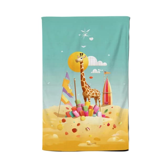 Warren Reed - Designer A Giraffe On A Beach Holiday Tea Towel in Yellow Yellow Unisex