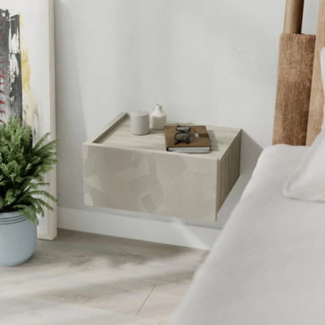 Decortie Floating Bedside Table W/ Drawer Handleless Nightstand Wall-Mounted Storage Cabinet Space-Saver, Sandstone, Travertine