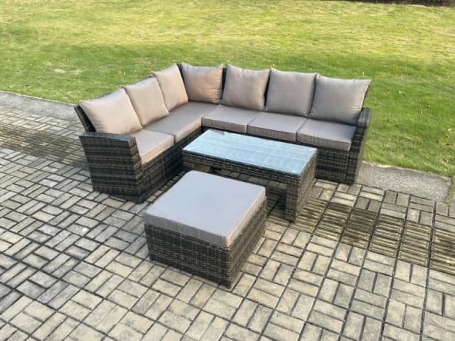 Fimous 7 Seat Rattan Garden Furniture Corner Sofa Set Outdoor Patio Sofa Table Set with Big Footstool Dark Grey Mixed Dark Grey