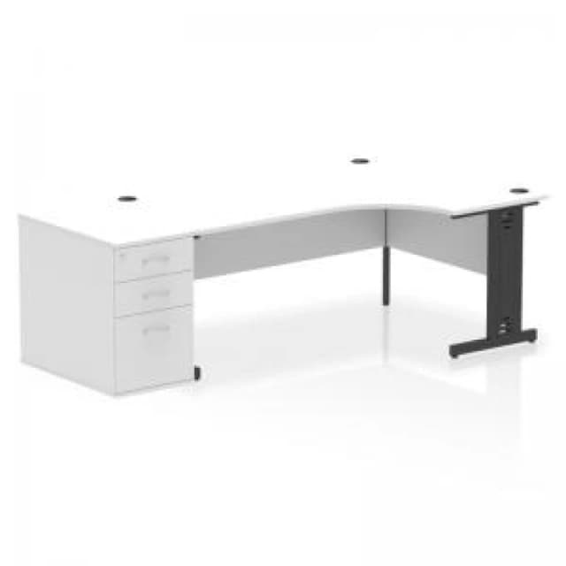 Impulse Impulse 1800mm Right Crescent Office Desk White Top Black Cable Managed Leg Workstation 800 Deep Desk High Pedestal IWSRC188BCMWHT