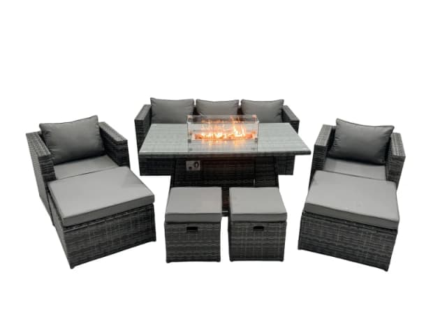 Fimous Rattan Garden Furniture Firepit Dining Set 9 Seater Lounge Sofa Table Set with 2 big Footstool Dark Grey