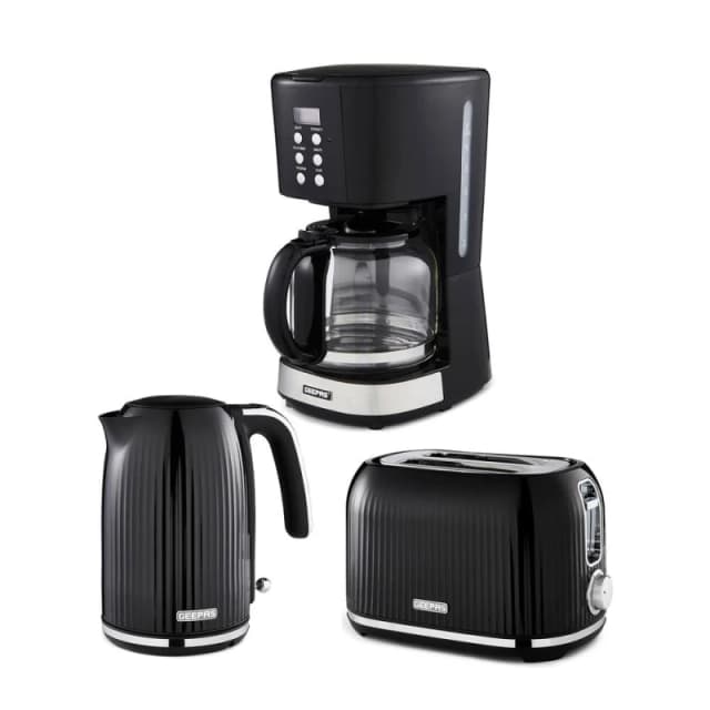 Geepas Fluted 1.7L Kettle & Toaster Set with 1.5L Filter Coffee Machine in Black Unisex