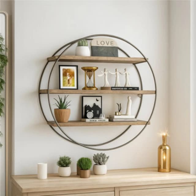 Rafaelo Mobilia Industrial Wooden 3 Tier Round Floating Shelf
