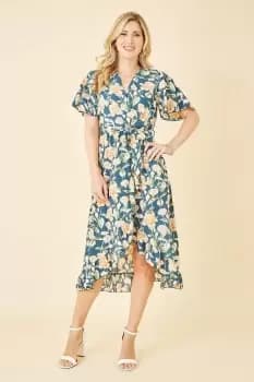 Teal Floral Print Wrap Midi Dress