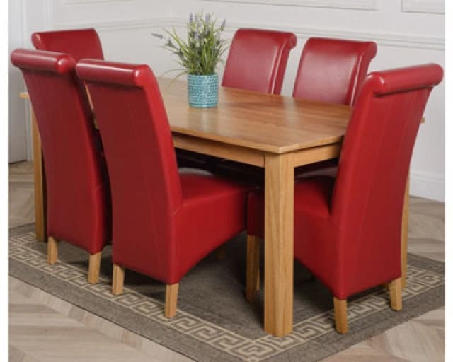 Thats Furniture Oslo 180 x 90cm Large Oak Dining Table & 6 Montana Leather Chairs in Red Red Unisex 180 x 90 cm