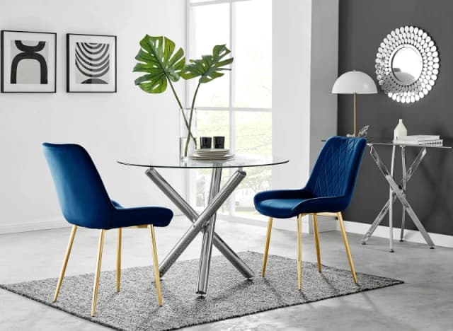 FurnitureboxUK FurnitureboxUK Selina Round Glass Chrome Leg Dining Table and Pesaro Gold Leg Chairs in Navy Size: 2 Person Navy 2 Person Unisex 5056