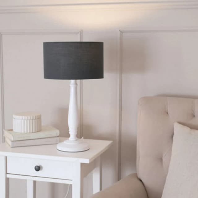 ValueLights Victoria White Wood Traditional Stem Table Lamp with Fabric Drum Shade Charcoal