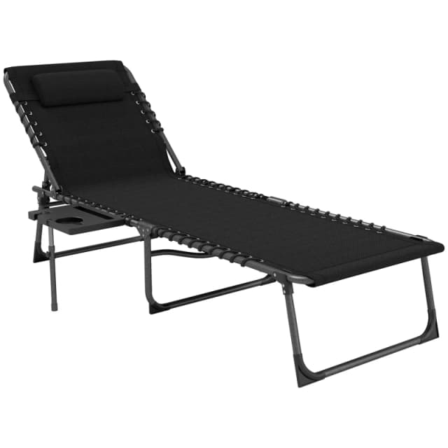 Outsunny Folding Sun Lounger with 5-Level Reclining Back, Side Table, Black 84G-721V00BK