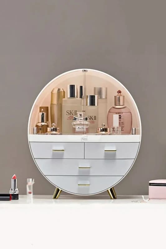 Neo 3 Drawer Round Desktop Cosmetic Makeup Display Storage Box Organiser in White White Unisex
