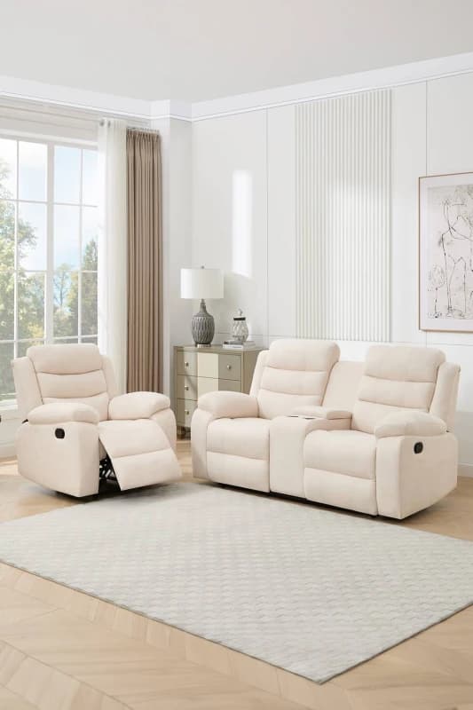 More4Homes Boston Manual Recliner Fabric 1+2 Seater Sofa Set W Drinks Console (Beige)