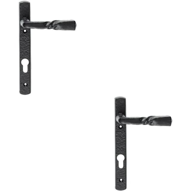 Loops 2x PAIR Ornate Twisted Lever on Narrow Euro Backplate 220 x 28mm Black Antique Black