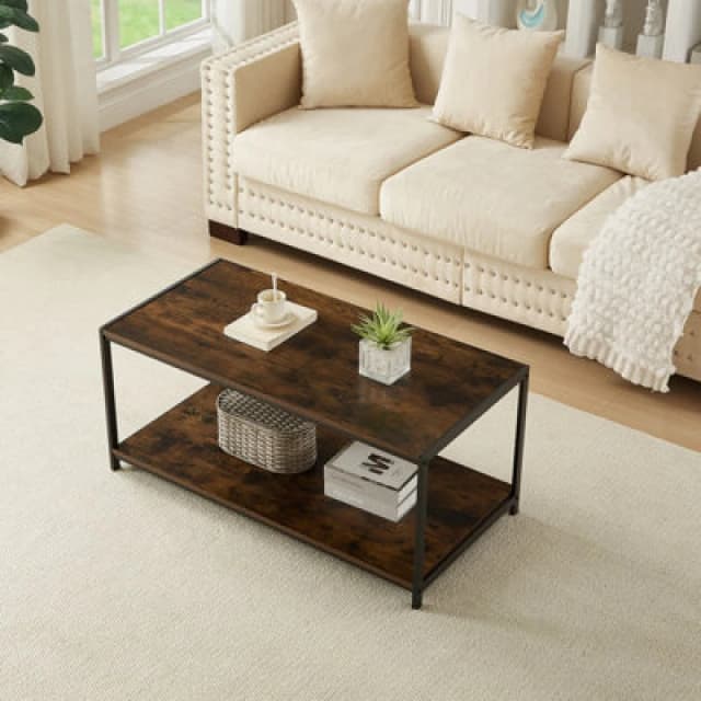 House Of Home Rustic Coffee Table 2 Tier Brown Living Room Table With Metal Frame For Home Decor 100 X 50 X 45Cm