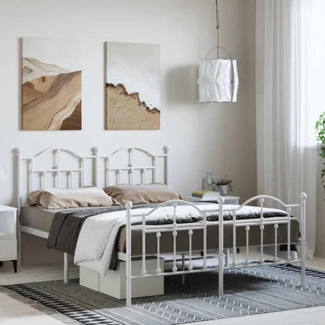 Vidaxl Metal Bed Frame With Headboard And Footboard White 135X190 Cm Double, White 353505