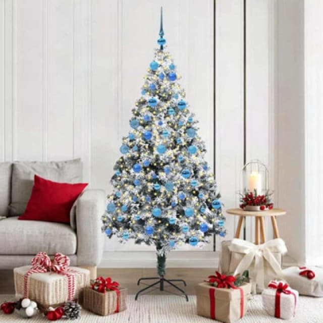 vidaXL Artificial Christmas Tree with 300 LEDs with Stand, Blue Balls Snow Flocked Green 180 cm, Green 3396969