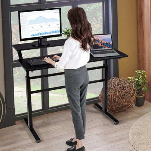 Costway 2-Tier Standing Computer Desk Sit To Stand Workstation Ergonomic Computer Table Black