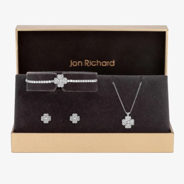 Jon Richard Silver Plated and Pave Clover Trio Set - Gift Box Silver female One Size