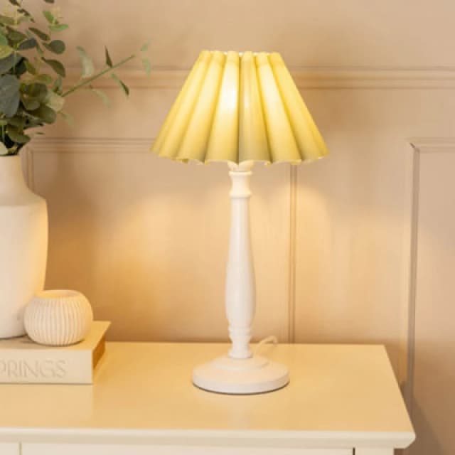 ValueLights Victoria White Wood Candlestick Table Lamp with Scallop Tapered Shade and Bulb Pale Green