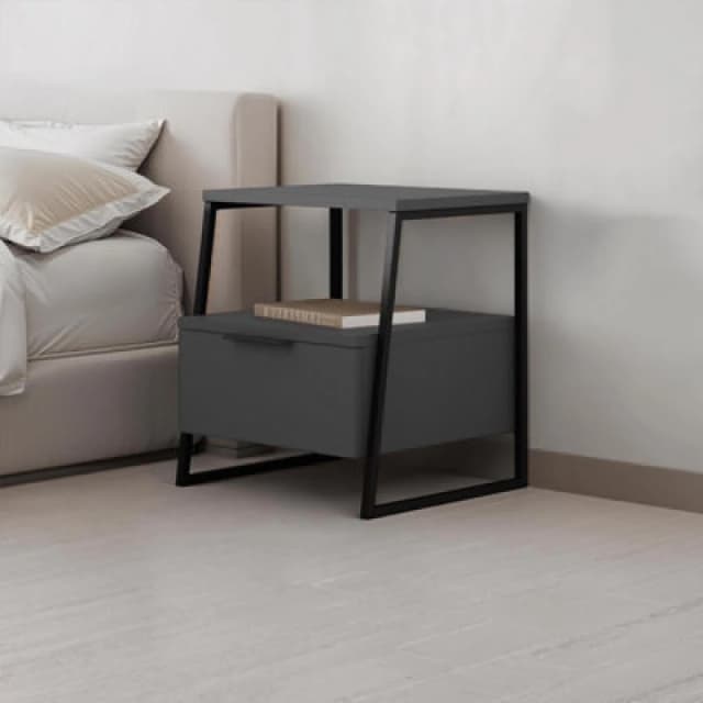 FWStyle FWStyle Dark Grey 1 Drawer Bedside Table Nightstand Black Metal Grey One Size Unisex 5056413133205