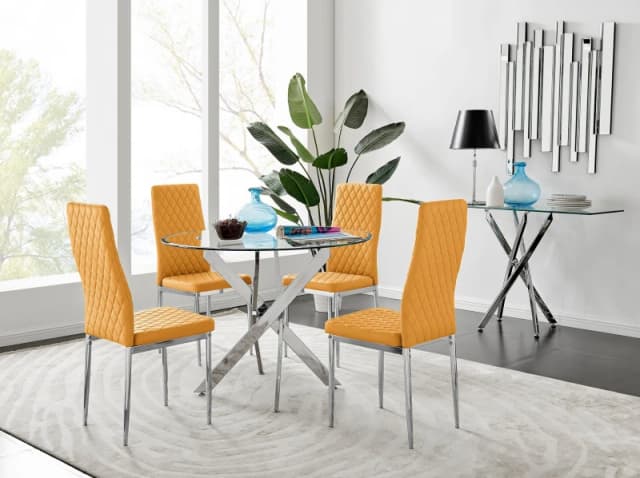 FurnitureboxUK FurnitureboxUK Novara Clear Tempered Glass 100cm Round Dining Table with Chrome Starburst Legs & 4 Milan Faux Leather Chairs in Mustard