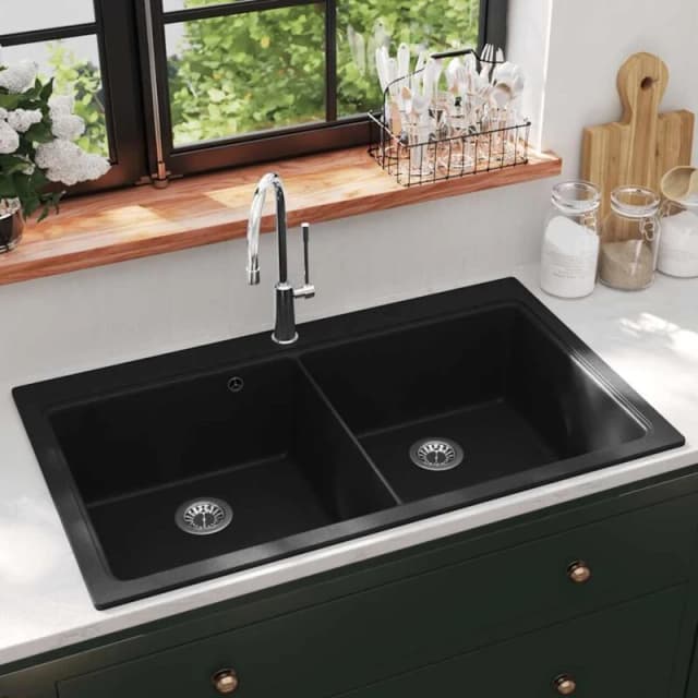 VIDAXL Overmount Kitchen Sink Double Basin Granite Black Vidaxl 8718475941439