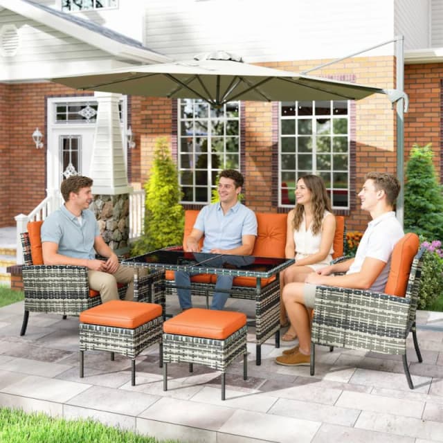 OUTSUNNY 6 Pieces Rattan Garden Furniture Sofa Set with Cushions, Orange Orange Unisex